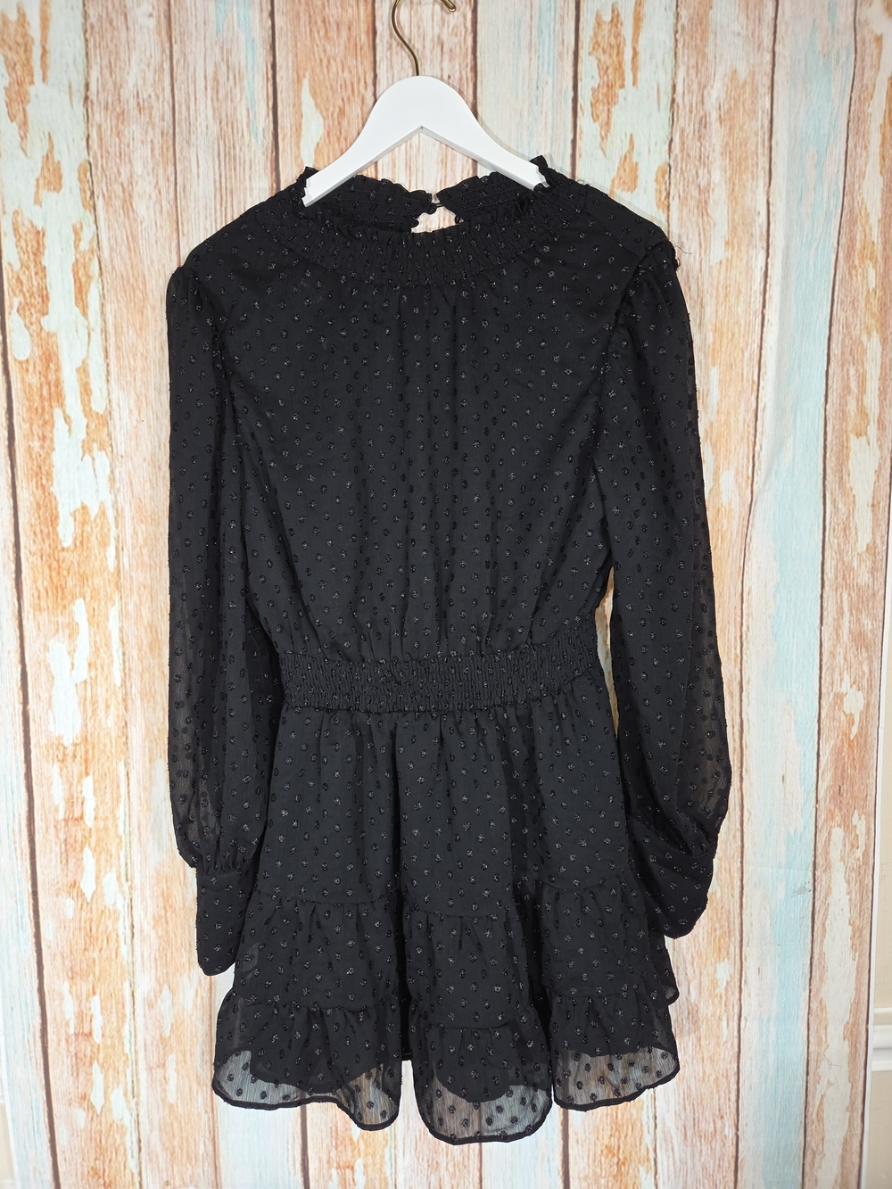 Buddy Love Celeste Swiss Dot Black Long-Sleeve Smocked-Waist Mini Dress. Sz S
